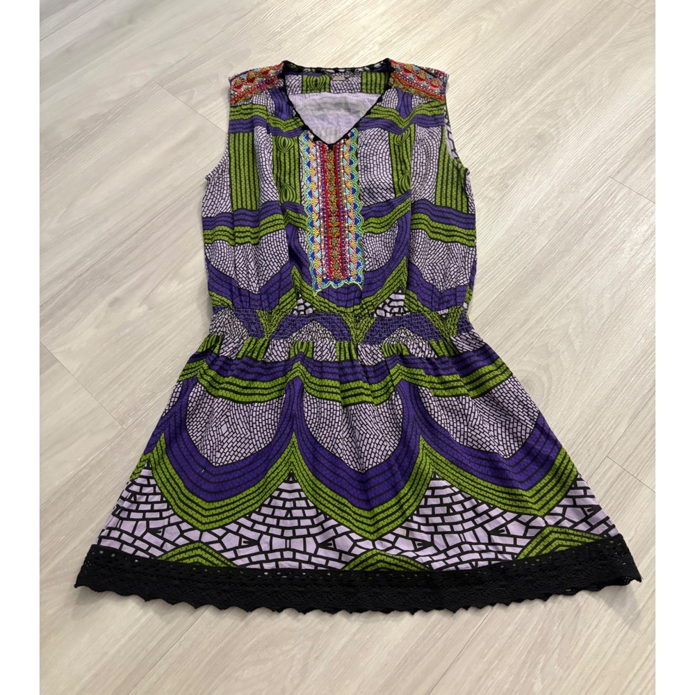 Custo Barcelona Mini Dress Women Purple Green Mosaic Print Beaded Smocked Size 1 - Picture 2 of 16